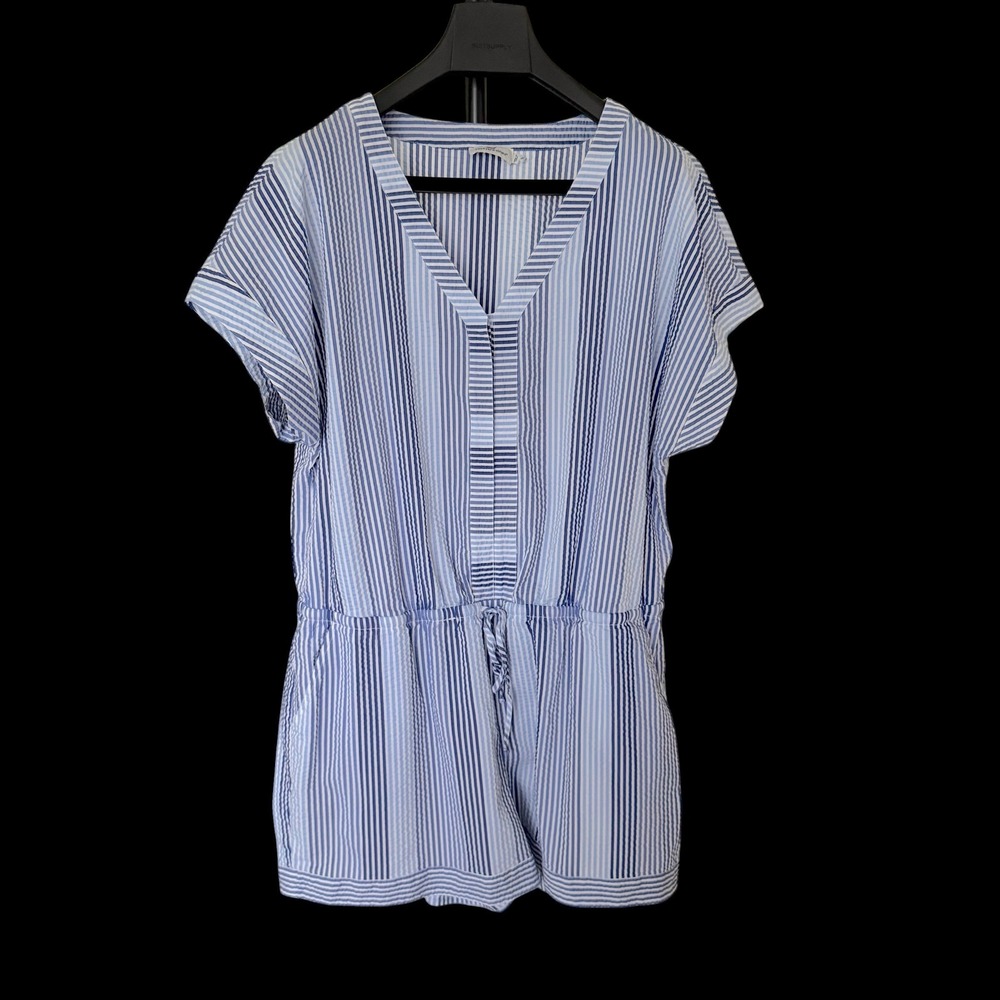 Vineyard Vines Blue White Striped Seersucker Romper V-Neck Drawstring Waist XL